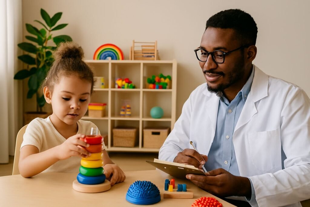 Autism Therapy in Lagos: Therapist with female kid patient during an autism evaluation in lagos